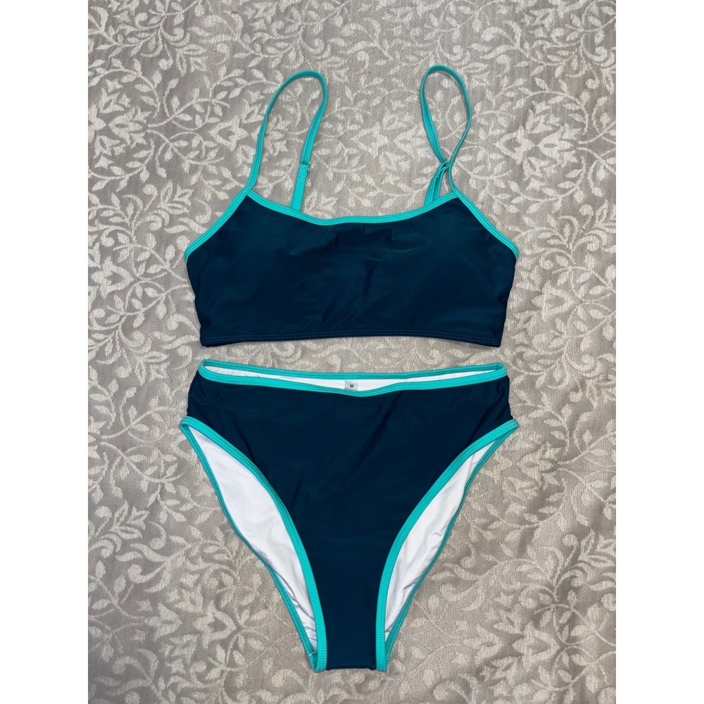 High Waist Bikini Set Two Piece Swimsuit Medium Navy Teal Aqua Trim (E32)
